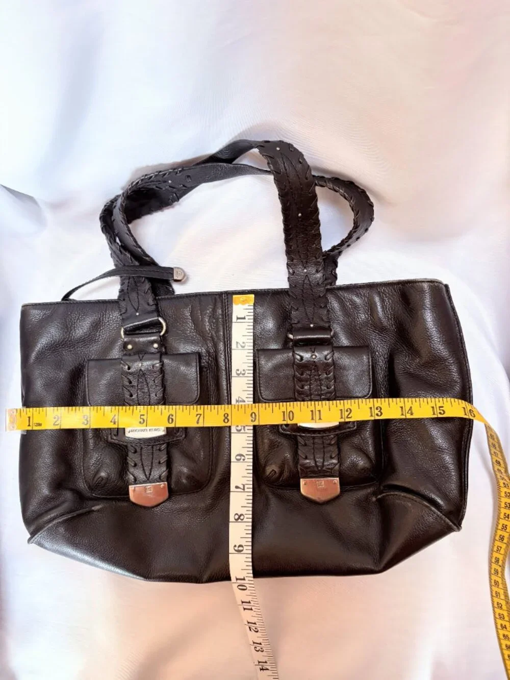 Michael Kors Leather Tote Bag Stitch Detail Top Handle Black Vintage Large